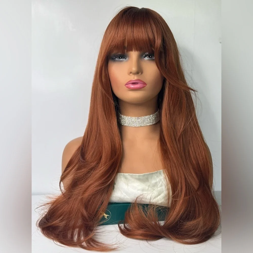 Reddish Copper Long Wavy natural Synthetic Fiber Full Wig With Bangs for dai…